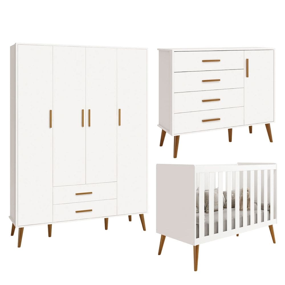 Quarto Isis Berço Americano 2 em 1 + Comoda Sapateira + Guarda Roupa Isis Retrô 4 Portas 2 Gavetas Branco Fosco - Reller