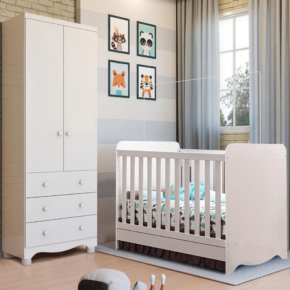 Quarto de Bebê Completo Berço Americano Ben 3 Em 1 Guarda Roupa Júnior 2 Portas 3 Gavetas Branco Carvalho 100% MDF Móveis Peroba