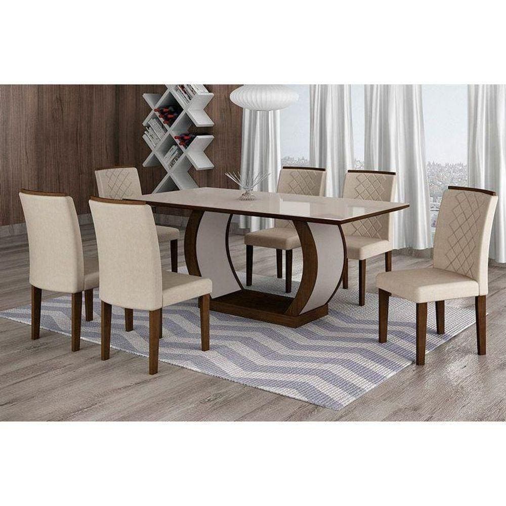 Conjunto: Mesa Sala Jantar Jade Kit 8 Un Imbuia-linho Esmeralda - Rufato