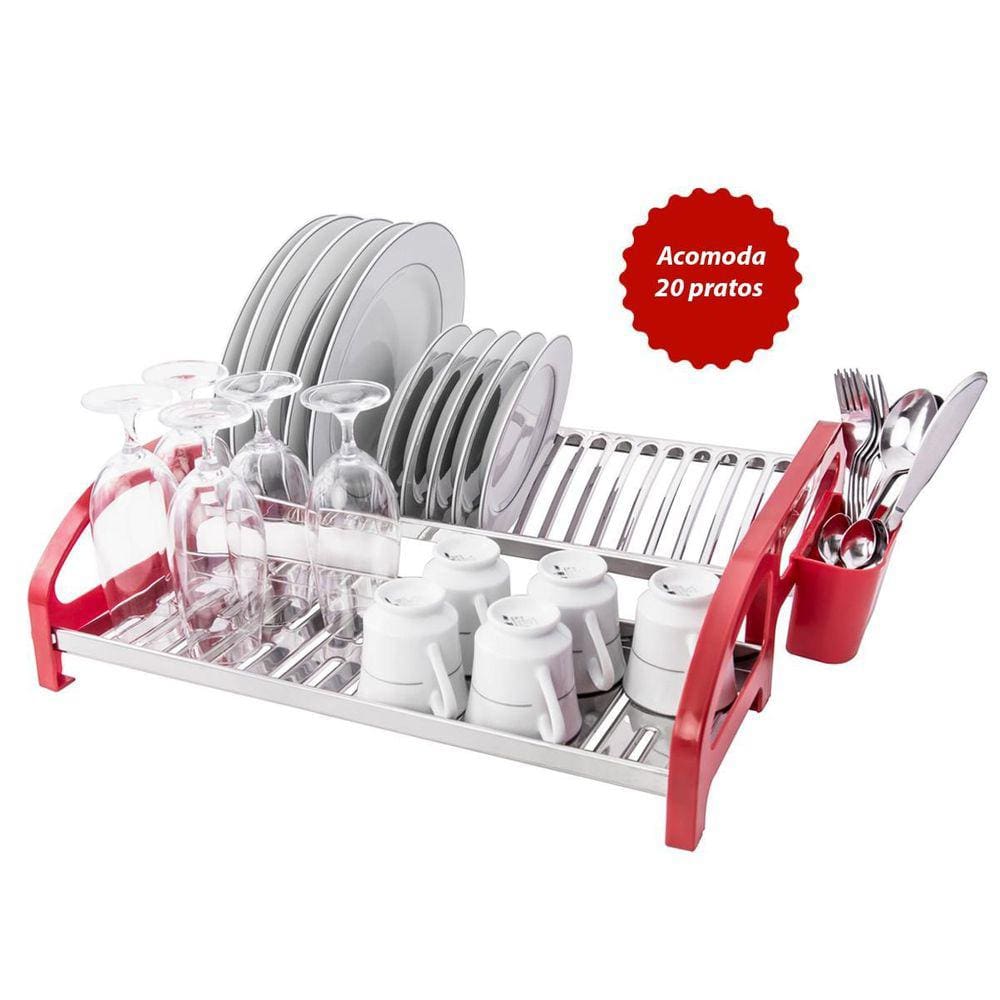 Escorredor 20 Pratos Inox Vermelho - Prático e Moderno
