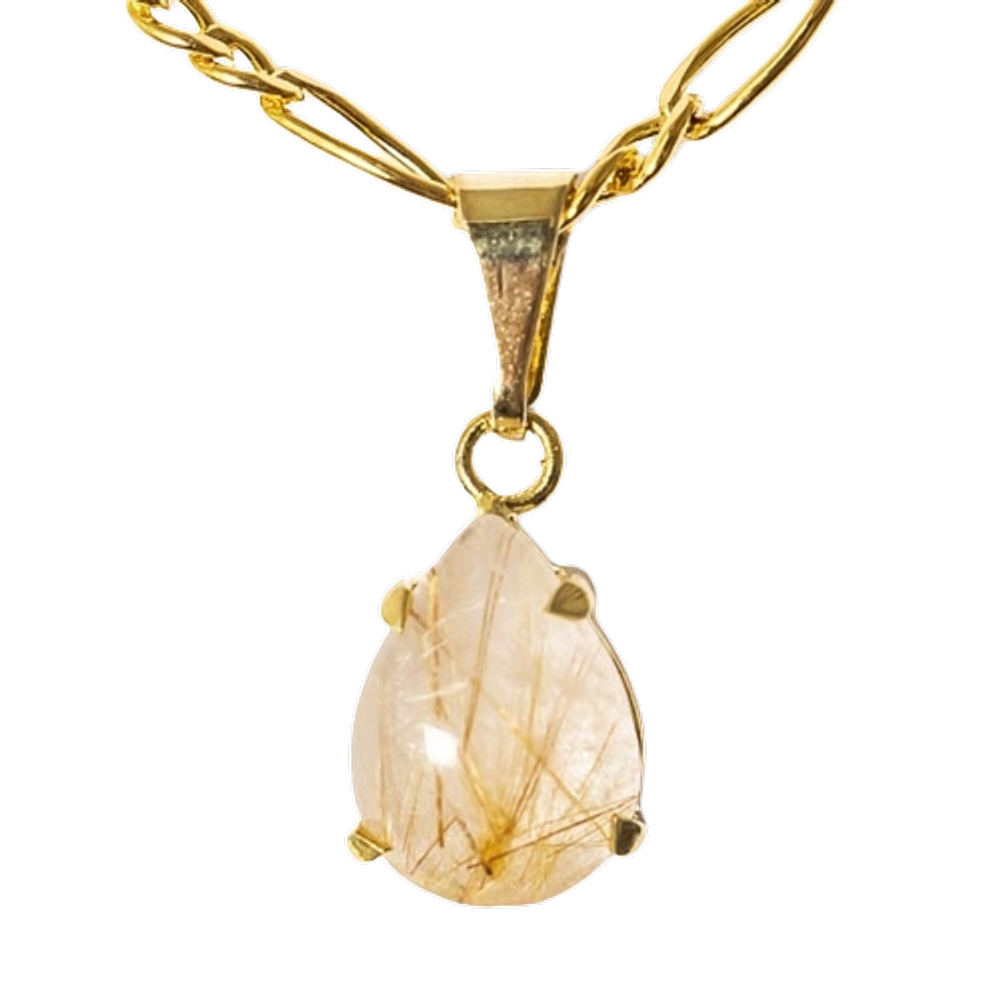 Colar Mini Gota Rutilo no Cristal Natural Garra Dourado