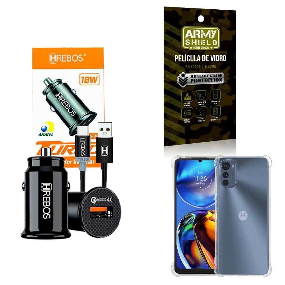 Kit Carregador Veicular + Capinha Motorola E32 + Película 3D