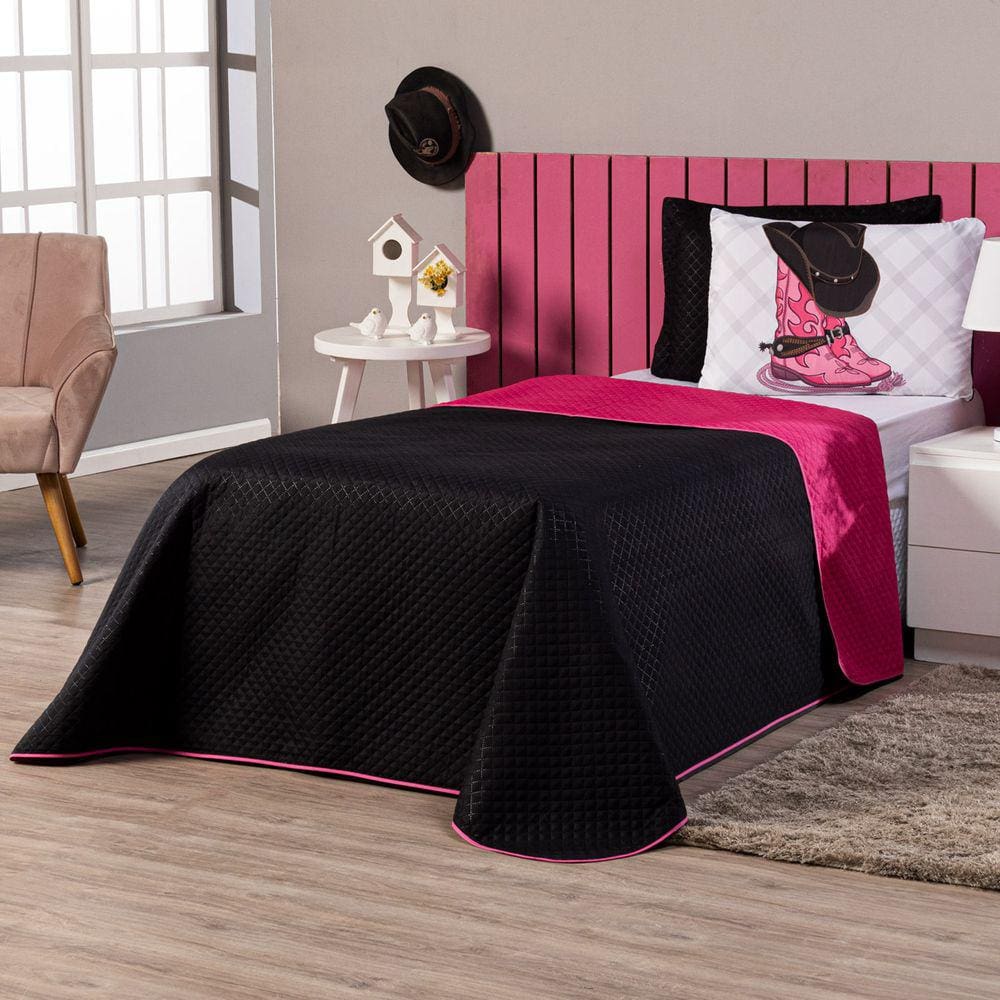 Kit Cobre Leito Boiadeira Preto/Pink Dupla Face com Fronha Estampada SOLTEIRO 03 Peças
