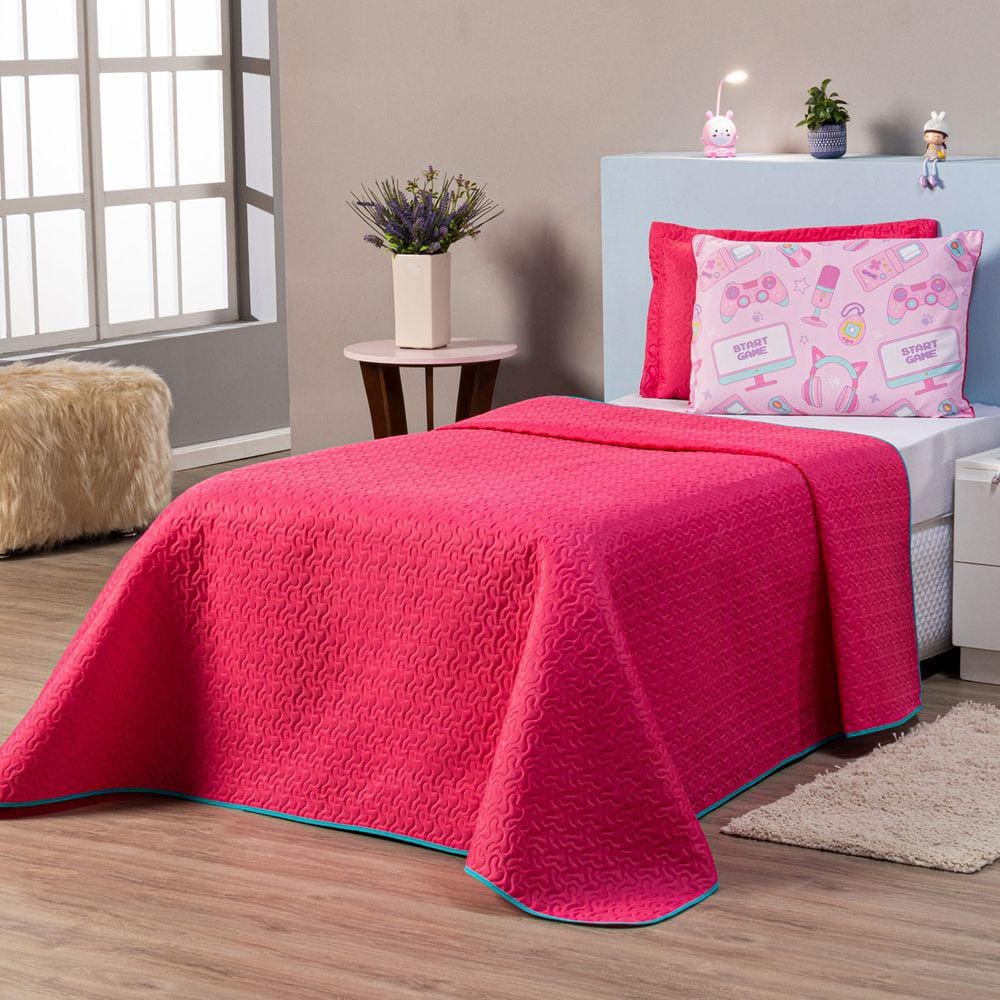 Kit Cobre Leito Streamer Girl Pink/Rosa Dupla Face com Fronha Estampada SOLTEIRO 03 Peças