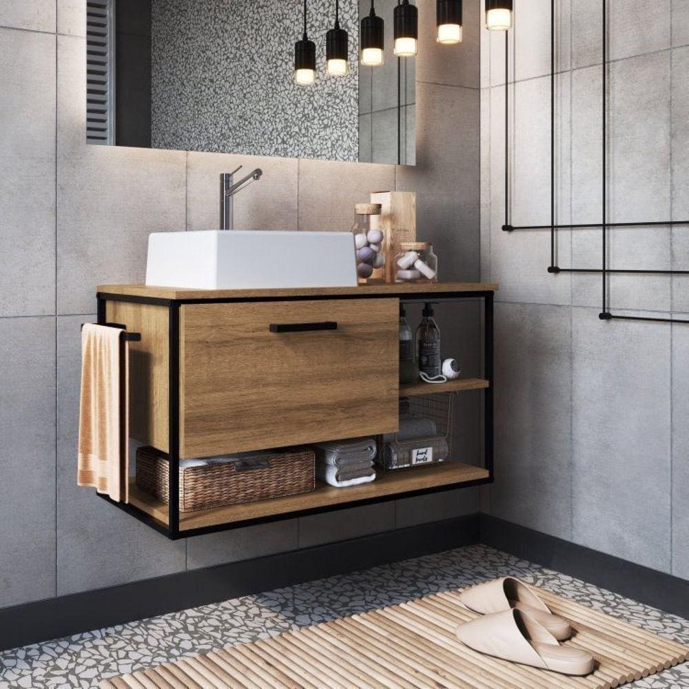 Gabinete Suspenso para Banheiro 80cm com Cuba Preto/Mel