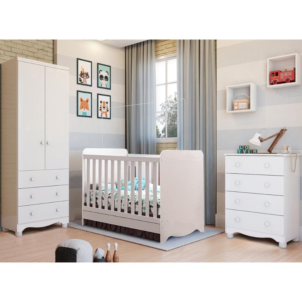 Quarto de Bebê Completo Berço Americano Ben 3 Em 1 Cômoda Júnior Simples 4 Gavetas Guarda Roupa Júnior 2 Portas 3 Gavetas Branco Carvalho 100% MDF Móv