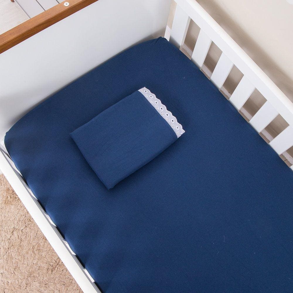 Jogo Lençol E Fronha Berço Americano 2 Peças Azul Marinho