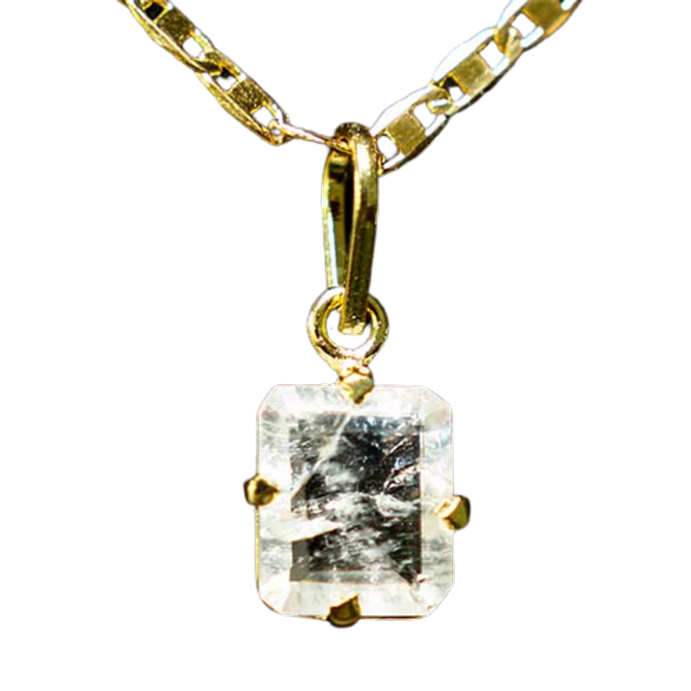 Colar Baguette Pedra Cristal Natural Facetado Garra Dourada