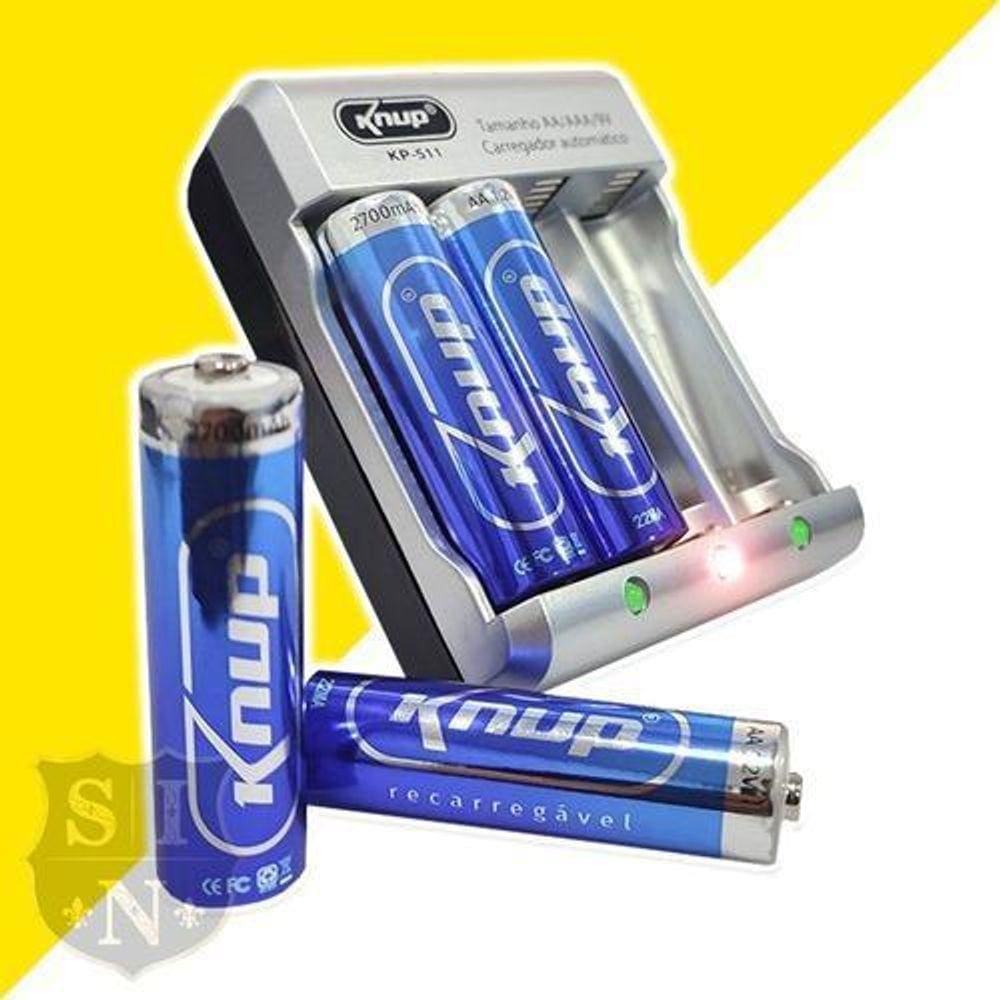 Carregador Pilhas Rápido Bivolt + 4 Pilhas AA - Knup KP511AA