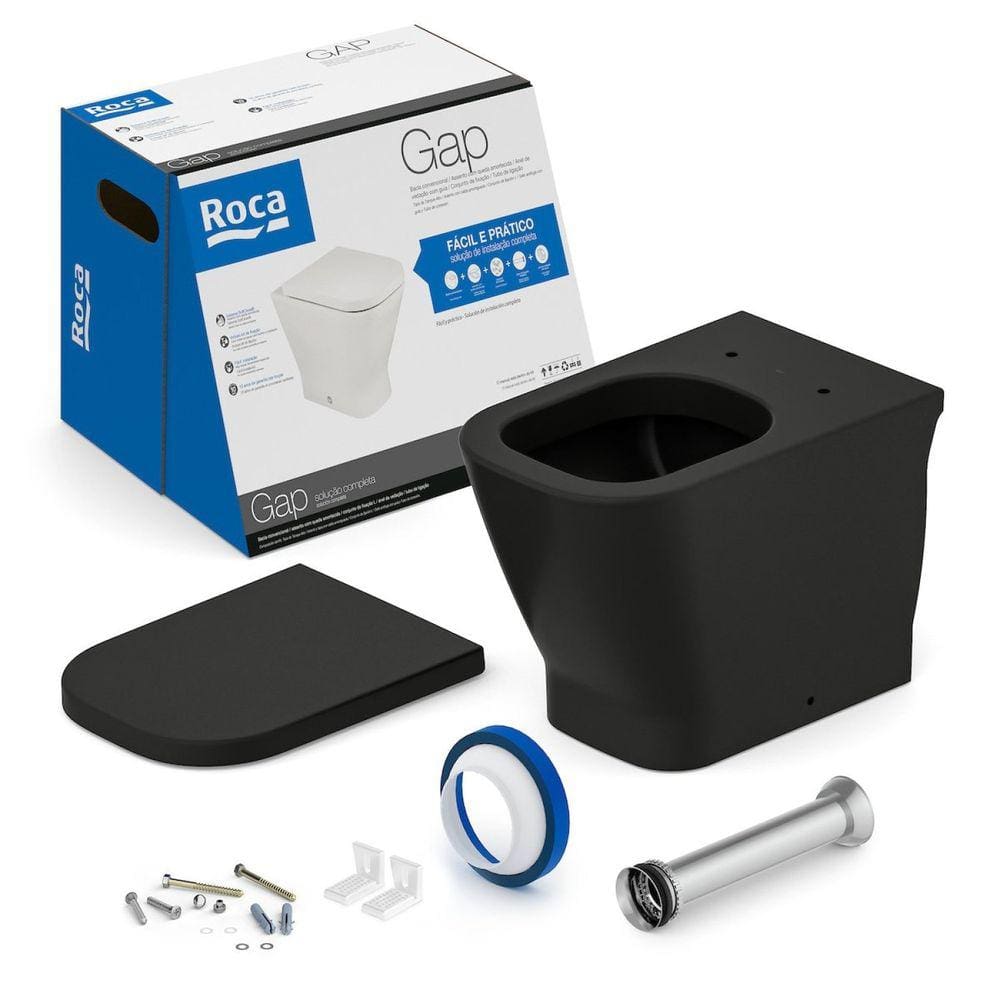 Kit Bacia Convencional, Assento Termofixo com Queda Amortecida e Complementos e Instalação Gap Roca Matte Black