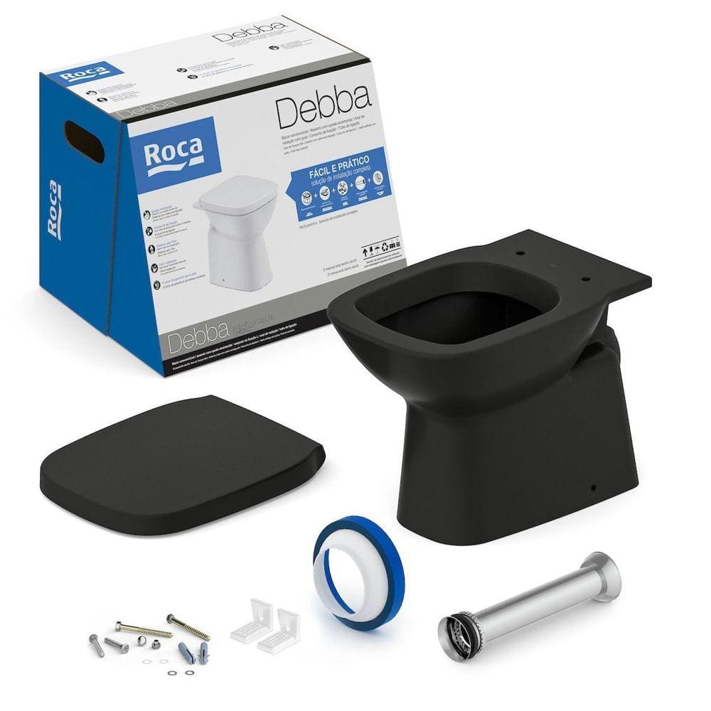 Kit Bacia Convencional, Assento Termofixo com Queda Amortecida e Complementos e Instalação Debba Cla Matte Black