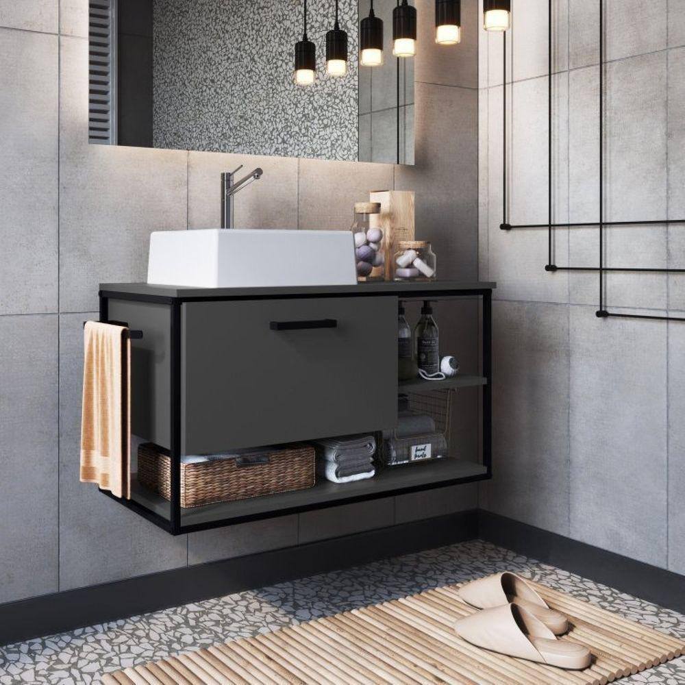 Gabinete Suspenso para Banheiro 80cm com Cuba Preto/Grafite
