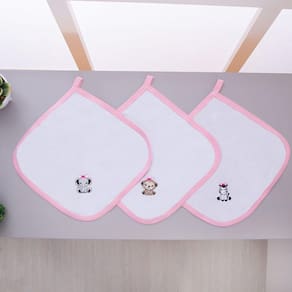 Kit 3 Fraldas Pano De Boca Malha Para Bebê Safari Branco Com Rosa