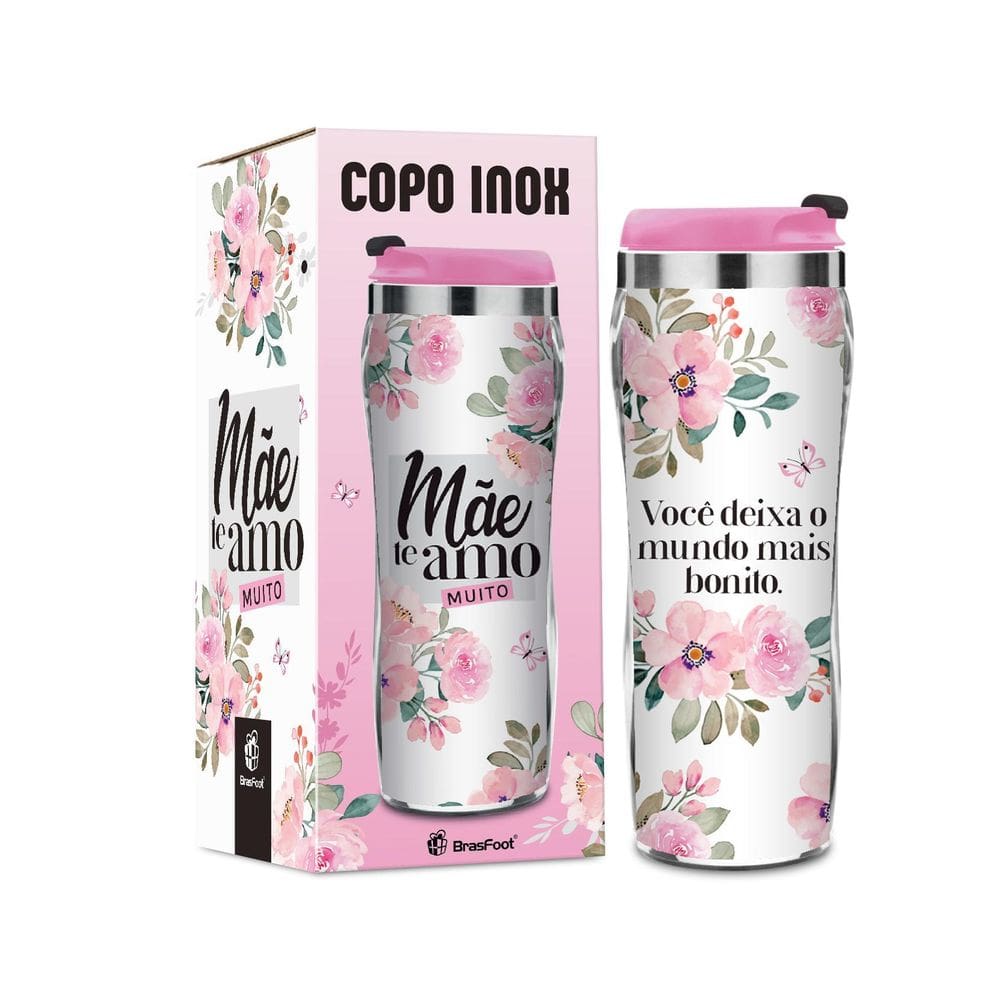 Copo Plástico Inox Temas New - Mãe Te Amo Muito 350ml
