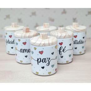Jogo 6 Potes condimentos 300ml Frases Motivacionais c/ pegadores - Kit Porcelana