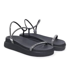 Sandália Feminina Papete Flatform Tiras Strass Elegante