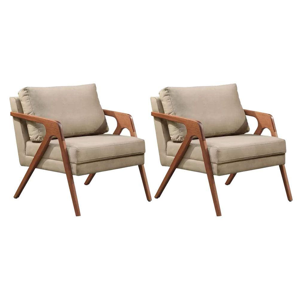 Kit 2 Poltronas Decorativa Mona Premium Veludo Bege e Base Madeira Maciça