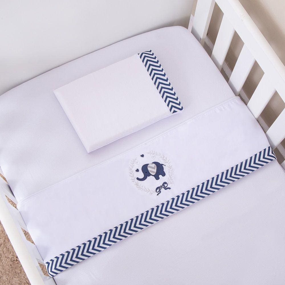 Jogo De Lençol Para Berço Americano 3 Peças Elefante Azul Marinho