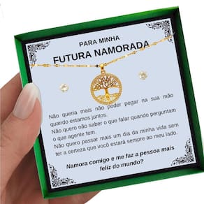 Colar Feminino Presente Pedido de Namoro Pingente Árvore Vida Ouro + Dedicatória