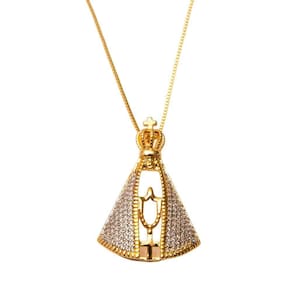 Colar Nossa Senhora Aparecida Imponente Banhada A Ouro 18k Cristal