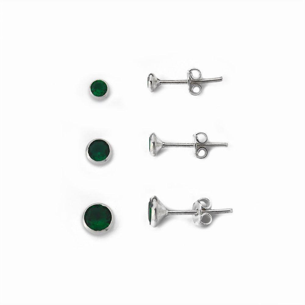 Kit Trio De Brincos Ponto De Luz Prata 925 Verde Escuro
