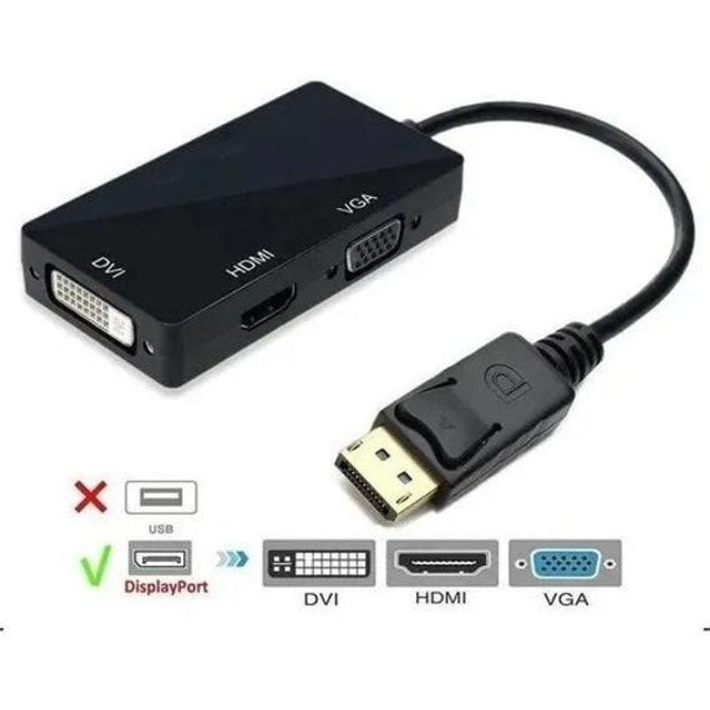 Adaptador 3 em 1 DisplayPort p/ DVI HDMI VGA - Nova Voo