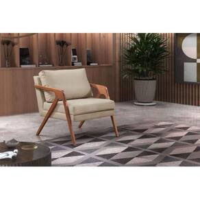 Poltrona Decorativa Mona Premium Veludo Bege e Base Madeira Maciça