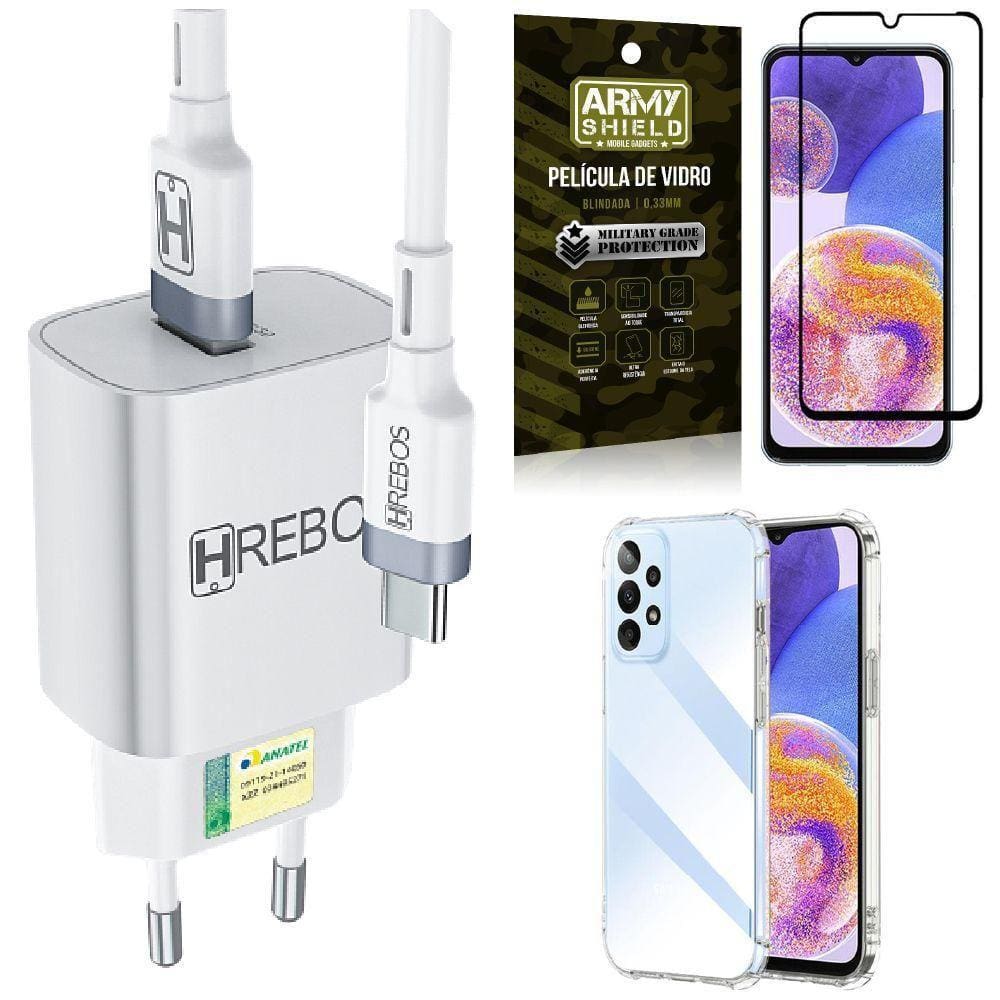 Capinha Samsung A23 4G + Carregador 18W Tipo C + Película 3D