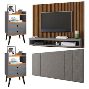 Painel Ripado Freijó Tv 50 Polegadas Cissa Cabeceira Cama Box Casal Luana Linho 1,40 Kit 2 Mesinhas Quarto Gaveta Nicho Dream Cinza/Cinamomo– RPM