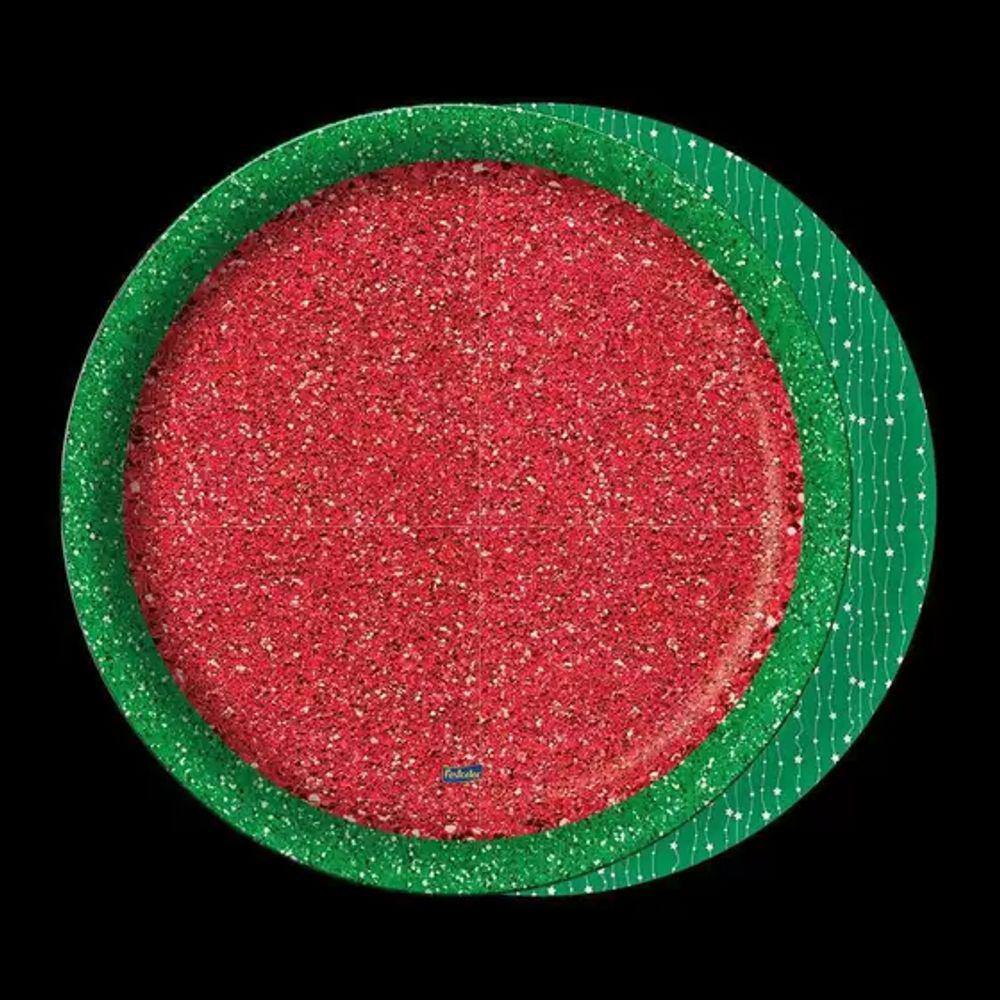 Prato Papel Glitter Vermelho C Verde Descartavel Festa