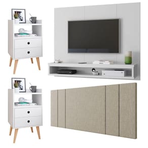 Painel TV 50 Polegadas Cissa Kit 2 Mesinhas Quarto Gaveta Nicho Dream Branco Cabeceira Estofada Cama Box Casal Luana1,40 Bege Linho - RPM