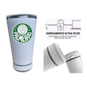 Copo Térmico c/ Caixa de Som Bluetooth Palmeiras Branco
