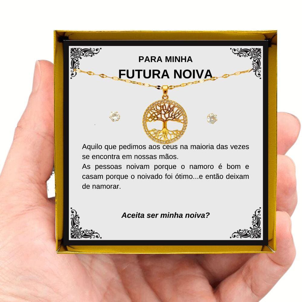 Pedido de Noivado Colar Presente Feminino Pingente Árvore Vida Ouro + Dedicatória