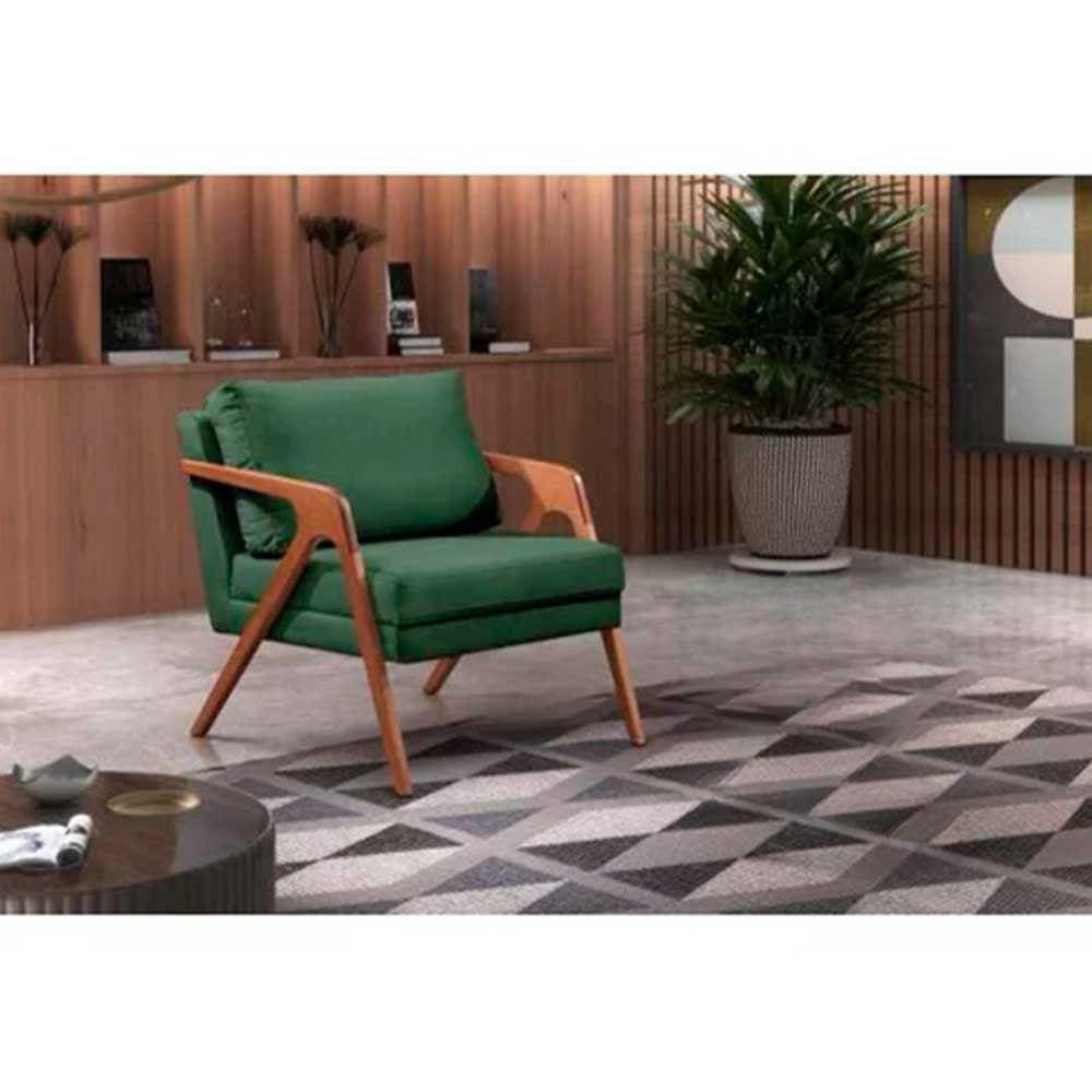 Poltrona Decorativa Mona Premium Veludo Verde e Base Madeira Maciça
