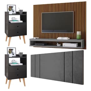 Painel Ripado Freijó Tv 50 Polegadas Cissa Cabeceira Estofada Cama Box Casal Luana1,40 Cinza Kit 2 Mesinhas Quarto Gaveta Nicho Dream Preto – RPM