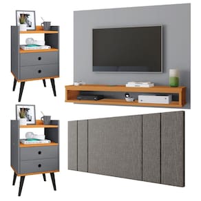 Painel Suspenso Tv 50 Polegadas Cissa Cabeceira Estofado Linho Cama Box Casal Luana1,40 Kit 2 Mesinhas Quarto Gaveta Nicho Dream -Cinza/Cinamomo–RPM
