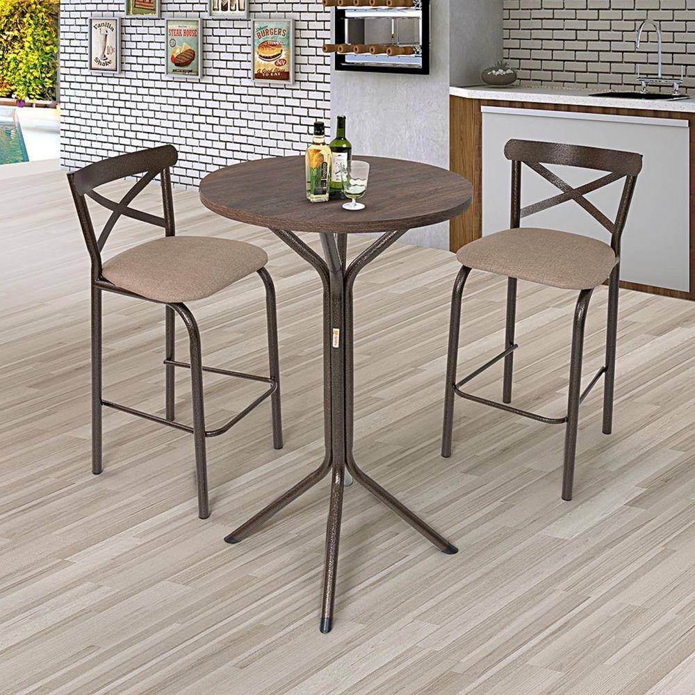 Conjunto Bistrô Tampo 0,65m Redondo com 2 Banquetas Tubo Paris Bronze/Bege