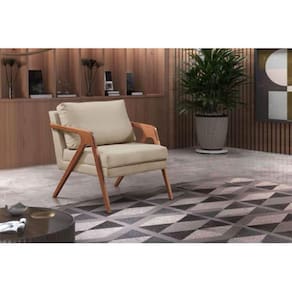 Poltrona Decorativa Mona Premium Linho Bege e Base Madeira Maciça