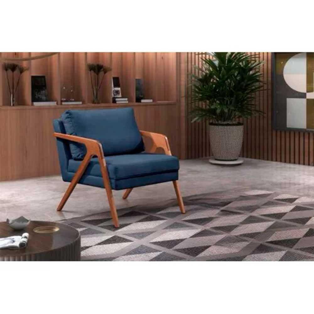Poltrona Decorativa Mona Premium Veludo Azul Marinho e Base Madeira Maciça