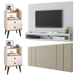 Painel TV 50 Polegadas Cissa Branco Cabeceira Cama Box Casal Luana1,40 Bege Linho Kit 2 Mesinhas Quarto Gaveta Nicho Dream Off/Cinamomo- RPM