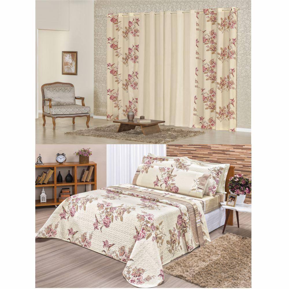 Cobre Leito Dyplomata Queen 3 Peças + Cortina 3M Floral