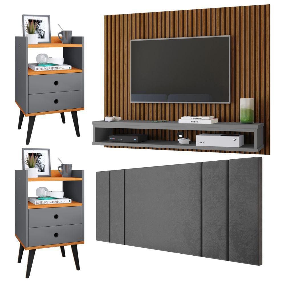 Painel Ripado Freijó Tv 50 Polegadas Cissa Cabeceira Estofada Cama Box Casal Luana1,40 Kit 2 Mesinhas Quarto Gaveta Nicho Dream Cinza/Cinamomo– RPM