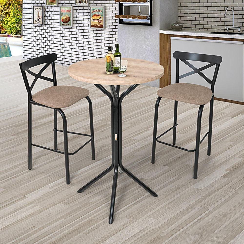 Conjunto Bistrô Tampo 0,65m Redondo com 2 Banquetas Tubo Paris Preto/Bege