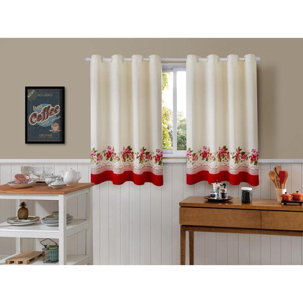 Cortina De Cozinha Tecido Linhão 2,00Mx1,20M Floral Vermelho