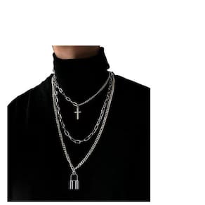 Colar Conjunto Corrente Cadeado Prateado Cruz Pingente C3409