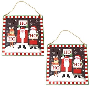Kit 2 Placas Decorativas Natal Madeira Pendurar - 15x15x1cm