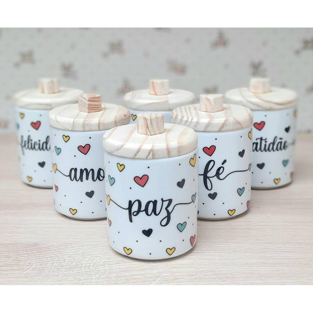 Jogo 6 Porta Treco 300ml Frases Motivacionais c/ pegadores - Kit Porcelana