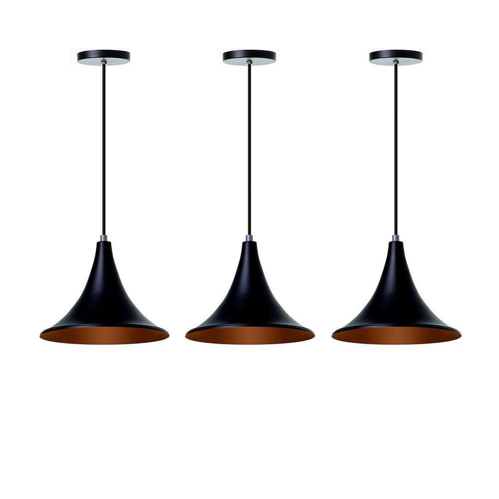 Kit 3 Lustre Pendente Chapéu Chinês 23Cm Preto Alumínio