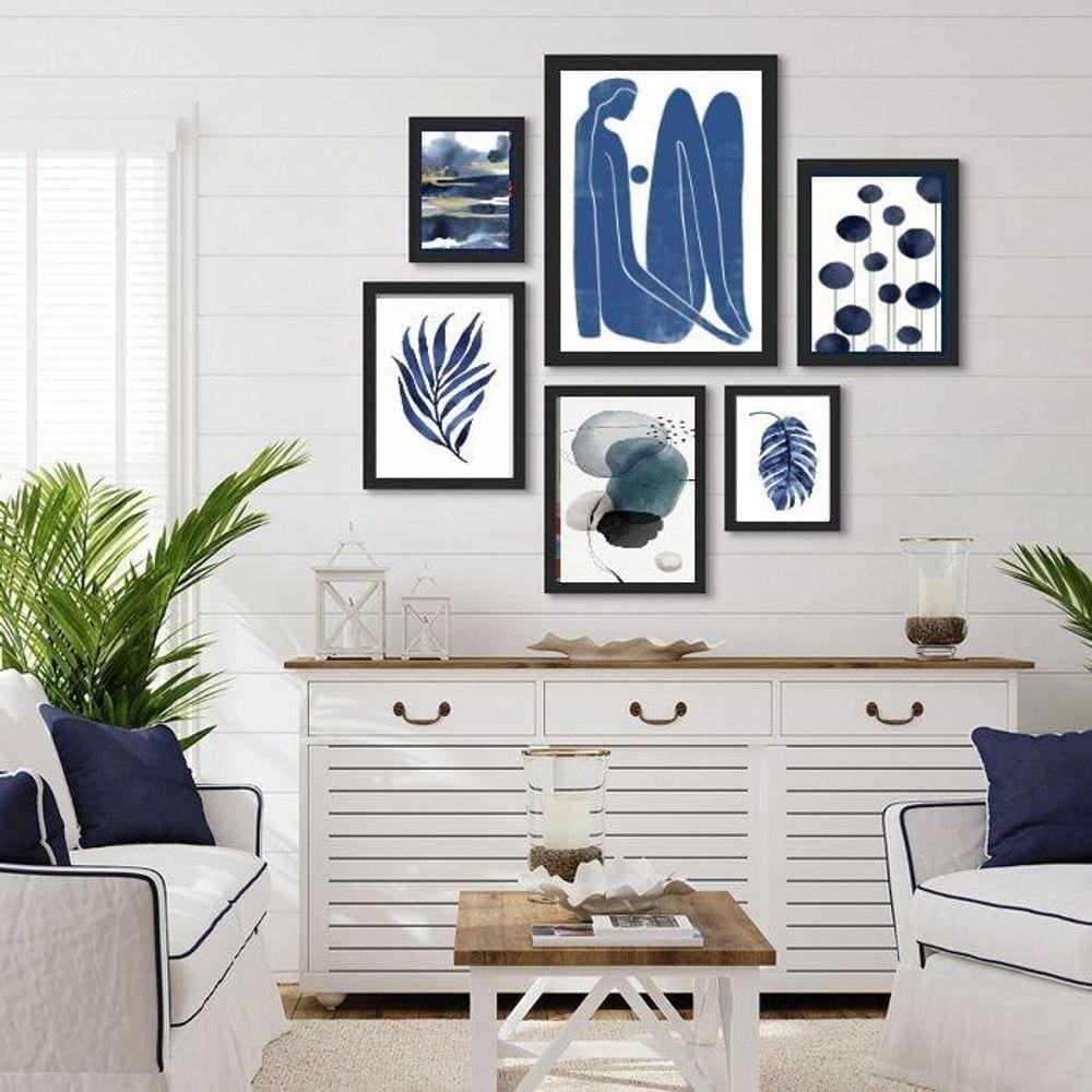 Quadros Decorativos Azuis Moldura Preta 6 Peças