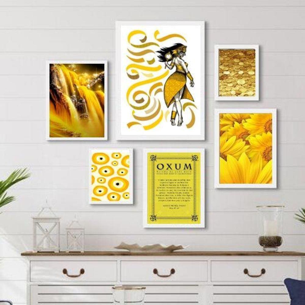 Kit 6 Quadros Oxum Amarelo - Moldura Preta - Vidro